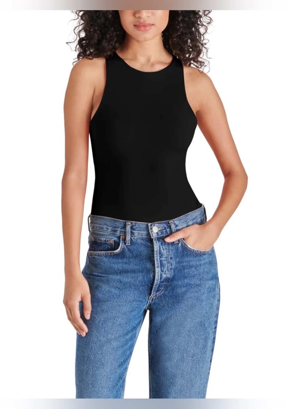Steve Madden Women’s Black Ribbed Tank Bodysuit - Classic Sleeveless Top Size M